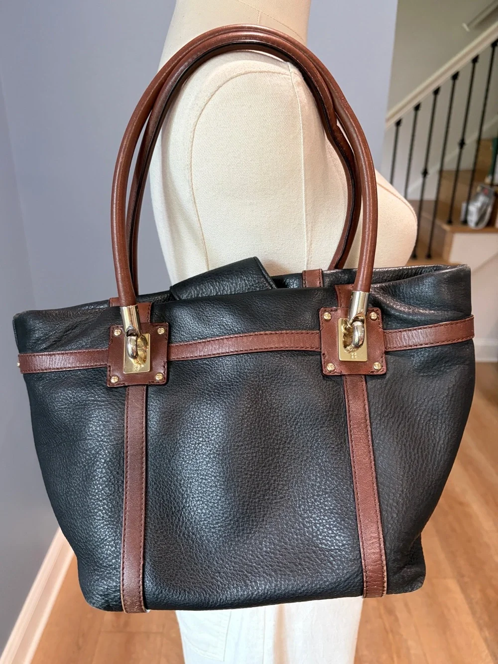 Kate Spade New York Black Pebbled Leather Tote Brown Trim Gold Hardware